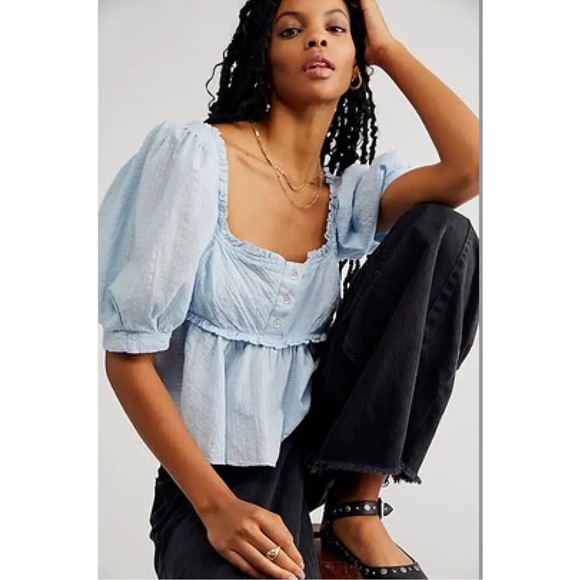 Free People Blue Leave It To Me Ruffled Peplum Babydoll Cropped Top - Picture 2 of 7